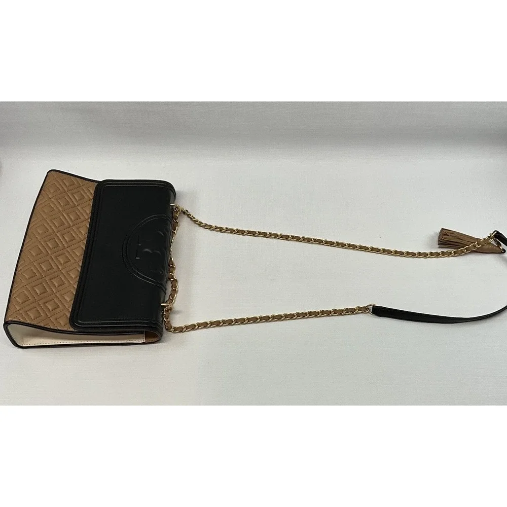 Tory Burch Fleming Quilted Colorblock Convertible Leather Shoulder Bag Black Tan